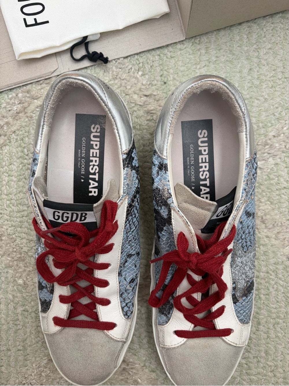 Golden Goose Sneakers with Blue Snake-Print Panels and Red Laces